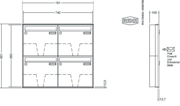 RENZ Briefkastenanlage Unterputz, Schattenfugenrahmen, Kastenformat 370x330x100mm, 4-teilig, Renz Nummer 10-0-35027