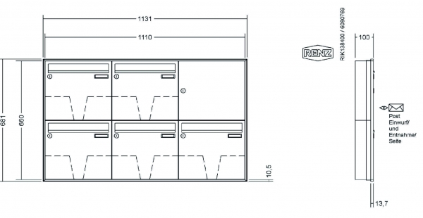 RENZ Briefkastenanlage Unterputz, Schattenfugenrahmen, Kastenformat 370x330x100mm, 5-teilig, Renz Nummer 10-0-35028