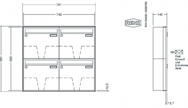 RENZ Briefkastenanlage Unterputz, Schattenfugenrahmen, Kastenformat 370x330x145mm, 4-teilig, Renz Nummer 10-0-35033