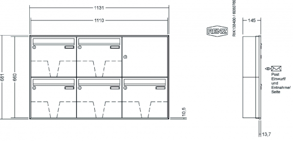 RENZ Briefkastenanlage Unterputz, Schattenfugenrahmen, Kastenformat 370x330x145mm, 5-teilig, Renz Nummer 10-0-35034