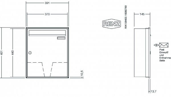 RENZ Briefkastenanlage Unterputz, Schattenfugenrahmen, Kastenformat 370x440x145mm, 1-teilig, Renz Nummer 10-0-35036