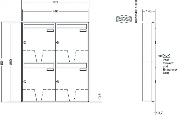 RENZ Briefkastenanlage Unterputz, Schattenfugenrahmen, Kastenformat 370x440x145mm, 4-teilig, Renz Nummer 10-0-35039