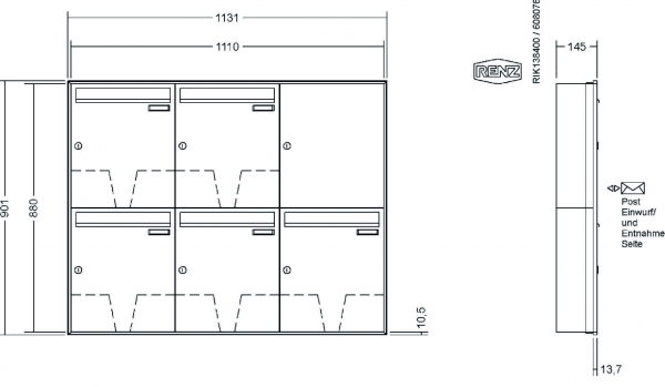 RENZ Briefkastenanlage Unterputz, Schattenfugenrahmen, Kastenformat 370x440x145mm, 5-teilig, Renz Nummer 10-0-35040