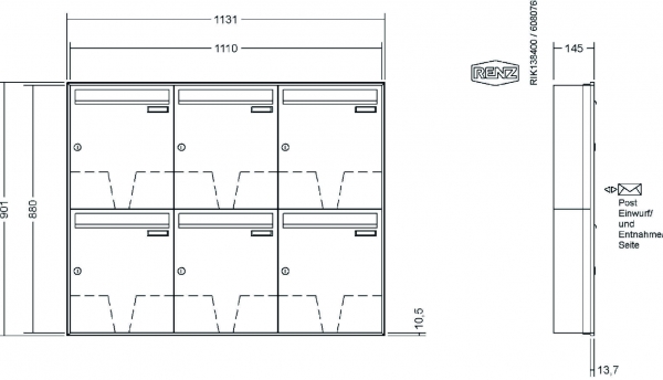 RENZ Briefkastenanlage Unterputz, Schattenfugenrahmen, Kastenformat 370x440x145mm, 6-teilig, Renz Nummer 10-0-35041