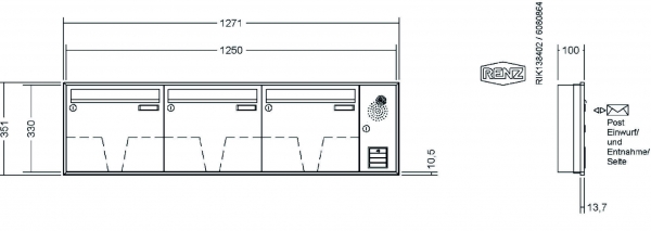 RENZ Briefkastenanlage Unterputz, Schattenfugenrahmen, Kastenformat 370x330x100mm, mit Klingel - & Lichttaster und Vorbereitung Gegensprechanlage, 3-teilig, Renz Nummer 10-0-35045