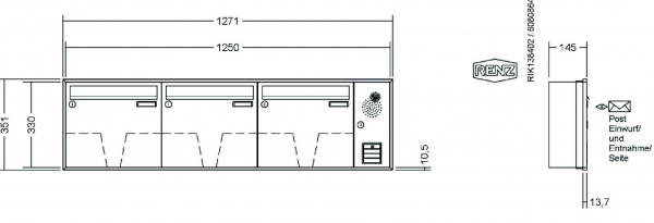 RENZ Briefkastenanlage Unterputz, Schattenfugenrahmen, Kastenformat 370x330x145mm, mit Klingel - & Lichttaster und Vorbereitung Gegensprechanlage, 3-teilig, Renz Nummer 10-0-35052