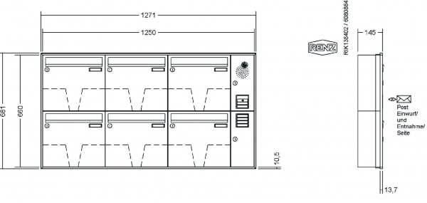 RENZ Briefkastenanlage Unterputz, Schattenfugenrahmen, Kastenformat 370x330x145mm, mit Klingel - & Lichttaster und Vorbereitung Gegensprechanlage, 6-teilig, Renz Nummer 10-0-35055