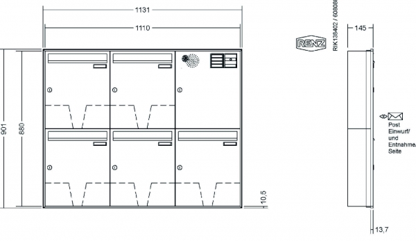 RENZ Briefkastenanlage Unterputz, Schattenfugenrahmen, Kastenformat 370x440x145mm, mit Klingel - & Lichttaster und Vorbereitung Gegensprechanlage, 5-teilig, Renz Nummer 10-0-35061