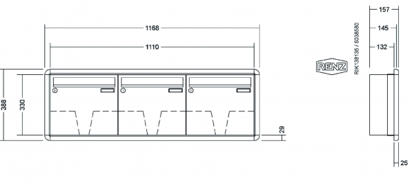 RENZ Briefkastenanlage Unterputz, RS3000, Kastenformat 370x330x145mm, 3-teilig, Renz Nummer 10-0-34114