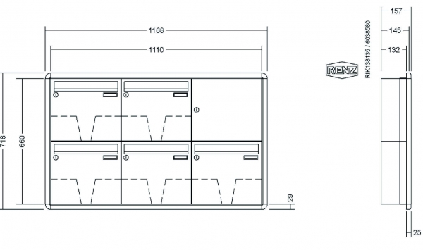 RENZ Briefkastenanlage Unterputz, RS3000, Kastenformat 370x330x145mm, 5-teilig, Renz Nummer 10-0-34116