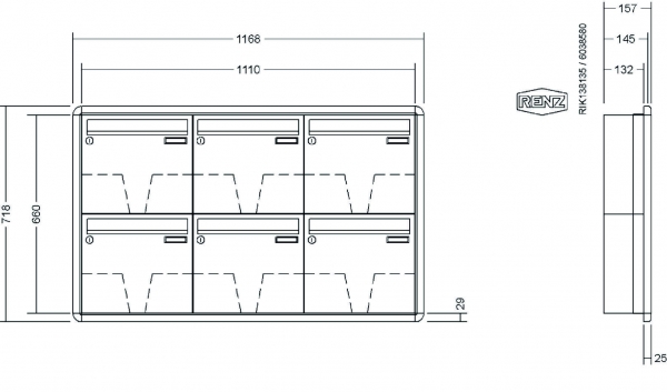 RENZ Briefkastenanlage Unterputz, RS3000, Kastenformat 370x330x145mm, 6-teilig, Renz Nummer 10-0-34117