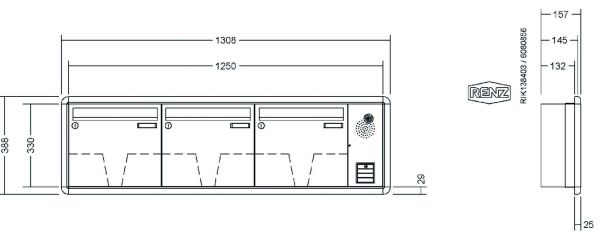 RENZ Briefkastenanlage Unterputz, RS3000, Kastenformat 370x330x145mm, mit Klingel - & Lichttaster und Vorbereitung Gegensprechanlage, 3-teilig, Renz Nummer 10-0-35147