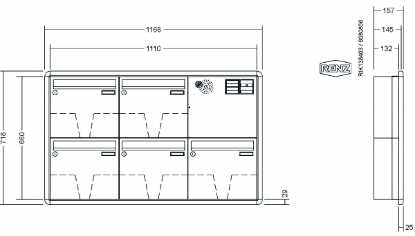 RENZ Briefkastenanlage Unterputz, RS3000, Kastenformat 370x330x145mm, mit Klingel - & Lichttaster und Vorbereitung Gegensprechanlage, 5-teilig, Renz Nummer 10-0-35149