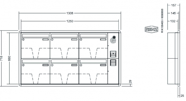 RENZ Briefkastenanlage Unterputz, RS3000, Kastenformat 370x330x145mm, mit Klingel - & Lichttaster und Vorbereitung Gegensprechanlage, 6-teilig, Renz Nummer 10-0-35150