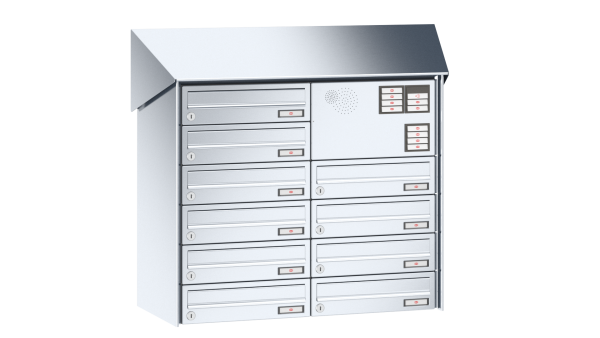 RENZ Briefkastenanlage, Aufputz, Prisma, Edelstahl V4A, Kastenformat 370x110x270mm, mit Klingel - & Lichttaster und Vorbereitung Gegensprechanlage, 10-teilig