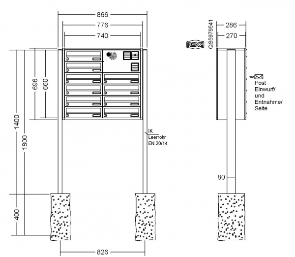 RENZ Briefkastenanlage freistehend, Quadra, Kastenformat 370x110x270mm, 10-teilig, zum Einbetonieren