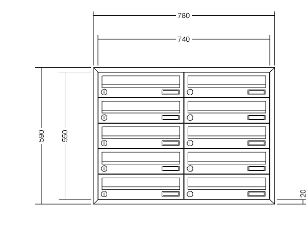 RENZ Briefkastenanlage Unterputz, Winkelputzabdeckrahmen 20 mm, Kastenformat 370x110x270mm, 10-teilig