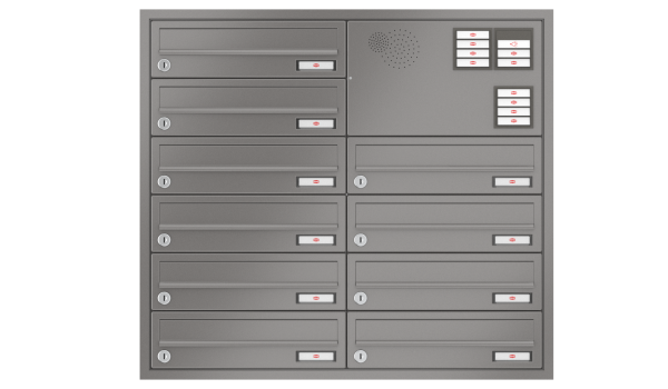 RENZ Briefkastenanlage Unterputz, Winkelputzabdeckrahmen, Kastenformat 370x110x270mm, Vorbereitung Gegensprechanlage, 10-teilig