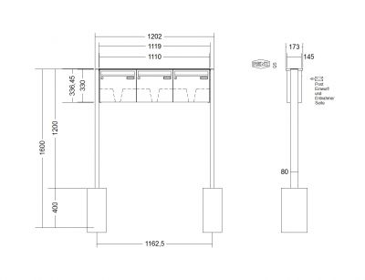 RENZ Briefkastenanlage freistehend, Basic B, Edelstahl V4A, Kastenformat 370x330x145mm, 3-teilig, zum Einbetonieren, Renz Nummer 10-0-10014