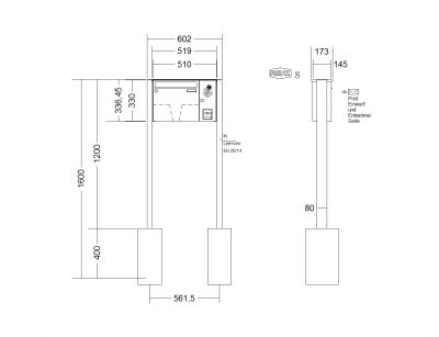 RENZ Briefkastenanlage freistehend, Basic B, Edelstahl V4A, Kastenformat 370x330x145mm, mit Klingel - & Lichttaster und Vorbereitung Gegensprechanlage, 1-teilig, zum Einbetonieren, Renz Nummer 10-0-10018