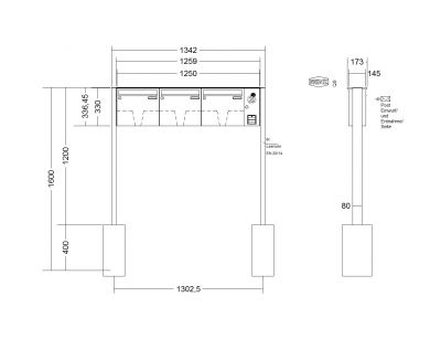 RENZ Briefkastenanlage freistehend, Basic B, Edelstahl V4A, Kastenformat 370x330x145mm, mit Klingel - & Lichttaster und Vorbereitung Gegensprechanlage, 3-teilig, zum Einbetonieren, Renz Nummer 10-0-10020