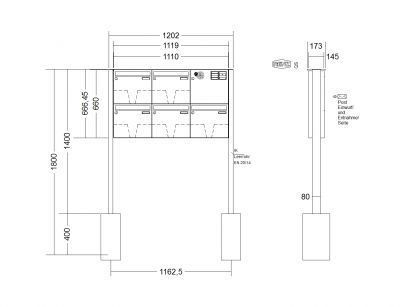 RENZ Briefkastenanlage freistehend, Basic B, Edelstahl V4A, Kastenformat 370x330x145mm, mit Klingel - & Lichttaster und Vorbereitung Gegensprechanlage, 5-teilig, zum Einbetonieren, Renz Nummer 10-0-10022