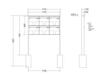 RENZ Briefkastenanlage freistehend, Tetro, Kastenformat 370x330x100mm, 6-teilig, zum Einbetonieren, Renz Nummer 10-0-10175