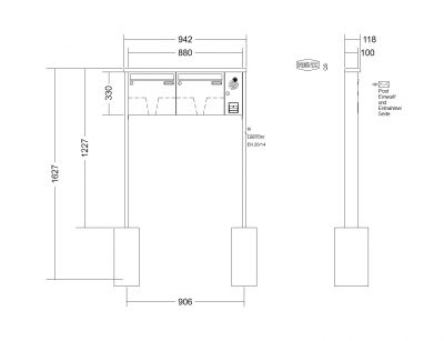 RENZ Briefkastenanlage freistehend, Tetro, Kastenformat 370x330x100mm, mit Klingel - & Lichttaster und Vorbereitung Gegensprechanlage, 2-teilig, zum Einbetonieren, Renz Nummer 10-0-10190