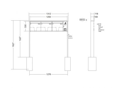 RENZ Briefkastenanlage freistehend, Tetro, Kastenformat 370x330x100mm, mit Klingel - & Lichttaster und Vorbereitung Gegensprechanlage, 3-teilig, zum Einbetonieren, Renz Nummer 10-0-10191