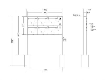 RENZ Briefkastenanlage freistehend, Tetro, Kastenformat 370x330x100mm, mit Klingel - & Lichttaster und Vorbereitung Gegensprechanlage, 6-teilig, zum Einbetonieren, Renz Nummer 10-0-10194