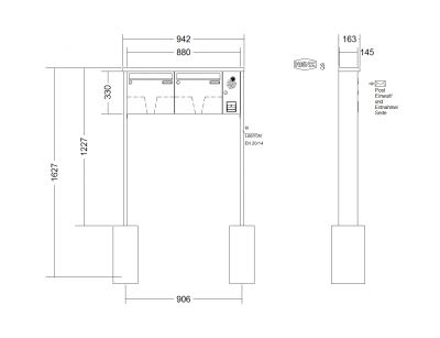 RENZ Briefkastenanlage freistehend, Tetro, Kastenformat 370x330x145mm, mit Klingel - & Lichttaster und Vorbereitung Gegensprechanlage, 2-teilig, zum Einbetonieren, Renz Nummer 10-0-10197