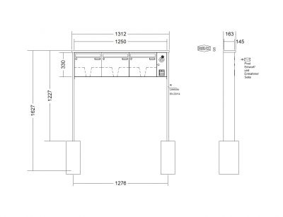 RENZ Briefkastenanlage freistehend, Tetro, Kastenformat 370x330x145mm, mit Klingel - & Lichttaster und Vorbereitung Gegensprechanlage, 3-teilig, zum Einbetonieren, Renz Nummer 10-0-10198