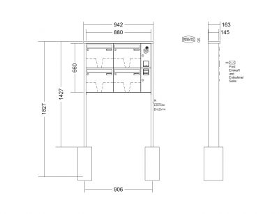 RENZ Briefkastenanlage freistehend, Tetro, Kastenformat 370x330x145mm, mit Klingel - & Lichttaster und Vorbereitung Gegensprechanlage, 4-teilig, zum Einbetonieren, Renz Nummer 10-0-10199