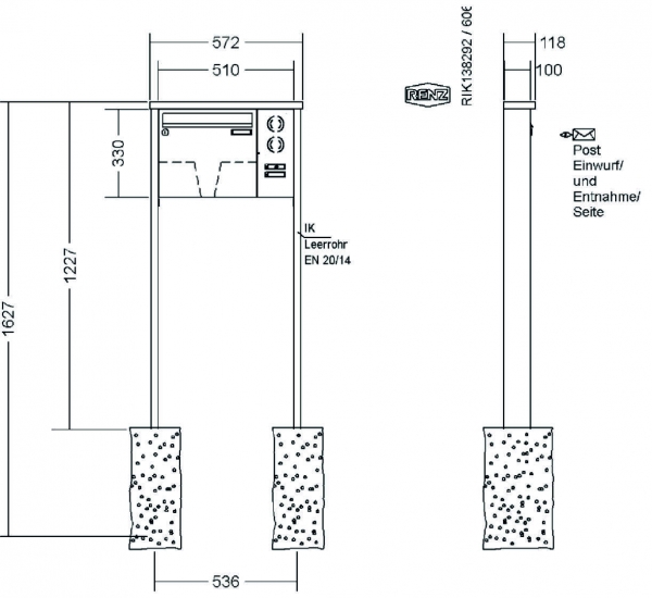 RENZ Briefkastenanlage freistehend, Tetro, Edelstahl V4A, Kastenformat 370x330x100mm, mit Klingel - & Lichttaster und Vorbereitung Gegensprechanlage, 1-teilig, zum Einbetonieren, Renz Nummer 10-0-10240