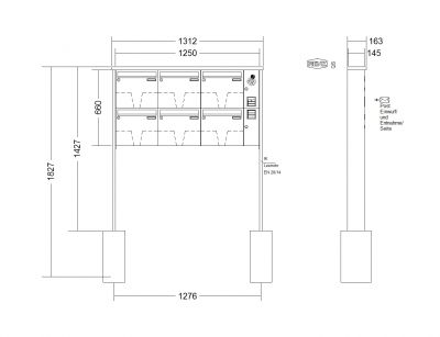 RENZ Briefkastenanlage freistehend, Tetro, Kastenformat 370x330x145mm, mit Klingel - & Lichttaster und Vorbereitung Gegensprechanlage, 6-teilig, zum Einbetonieren, Renz Nummer 10-0-10301