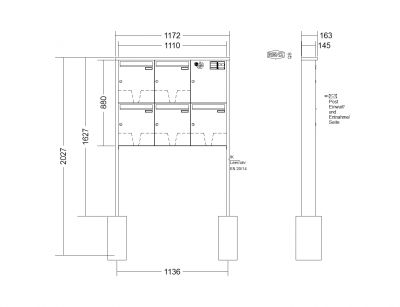 RENZ Briefkastenanlage freistehend, Tetro, Kastenformat 370x440x145mm, mit Klingel - & Lichttaster und Vorbereitung Gegensprechanlage, 5-teilig, zum Einbetonieren, Renz Nummer 10-0-10307