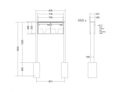 RENZ Briefkastenanlage freistehend, Quadra, Kastenformat 370x330x145mm, 2-teilig, zum Einbetonieren, Renz Nummer 10-0-10310