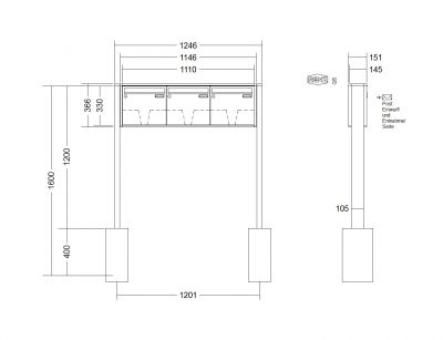 RENZ Briefkastenanlage freistehend, Quadra, Kastenformat 370x330x145mm, 3-teilig, zum Einbetonieren, Renz Nummer 10-0-10311