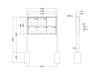 RENZ Briefkastenanlage freistehend, Quadra, Kastenformat 370x330x145mm, 5-teilig, zum Einbetonieren, Renz Nummer 10-0-10313