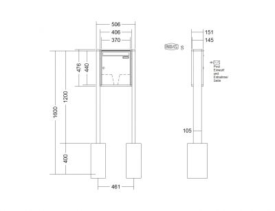 RENZ Briefkastenanlage freistehend, Quadra, Kastenformat 370x440x145mm, 1-teilig, zum Einbetonieren, Renz Nummer 10-0-10315