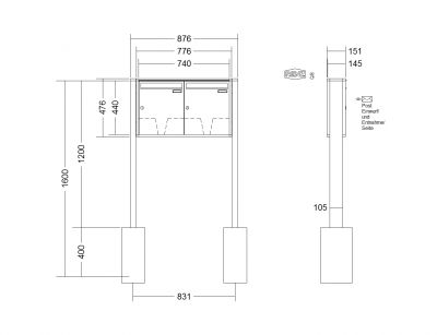 RENZ Briefkastenanlage freistehend, Quadra, Kastenformat 370x440x145mm, 2-teilig, zum Einbetonieren, Renz Nummer 10-0-10316