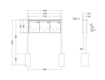 RENZ Briefkastenanlage freistehend, Quadra, Kastenformat 370x440x145mm, 3-teilig, zum Einbetonieren, Renz Nummer 10-0-10317