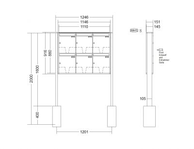RENZ Briefkastenanlage freistehend, Quadra, Kastenformat 370x440x145mm, 6-teilig, zum Einbetonieren, Renz Nummer 10-0-10320