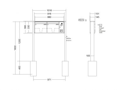 RENZ Briefkastenanlage freistehend, Quadra, Kastenformat 370x330x145mm, mit Klingel - & Lichttaster und Vorbereitung Gegensprechanlage, 2-teilig, zum Einbetonieren, Renz Nummer 10-0-10323