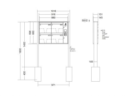 RENZ Briefkastenanlage freistehend, Quadra, Kastenformat 370x330x145mm, mit Klingel - & Lichttaster und Vorbereitung Gegensprechanlage, 4-teilig, zum Einbetonieren, Renz Nummer 10-0-10325