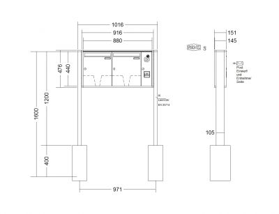 RENZ Briefkastenanlage freistehend, Quadra, Kastenformat 370x440x145mm, mit Klingel - & Lichttaster und Vorbereitung Gegensprechanlage, 2-teilig, zum Einbetonieren, Renz Nummer 10-0-10330