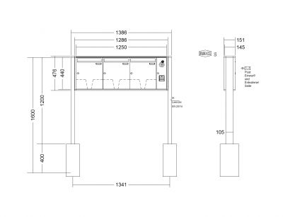 RENZ Briefkastenanlage freistehend, Quadra, Kastenformat 370x440x145mm, mit Klingel - & Lichttaster und Vorbereitung Gegensprechanlage, 3-teilig, zum Einbetonieren, Renz Nummer 10-0-10331