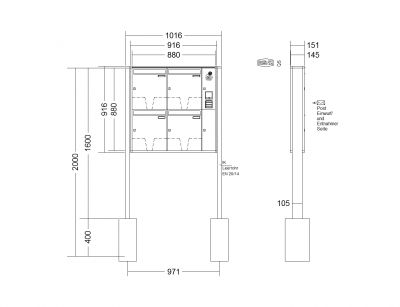 RENZ Briefkastenanlage freistehend, Quadra, Kastenformat 370x440x145mm, mit Klingel - & Lichttaster und Vorbereitung Gegensprechanlage, 4-teilig, zum Einbetonieren, Renz Nummer 10-0-10332