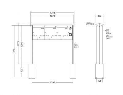 RENZ Briefkastenanlage freistehend, PRISMA, Kastenformat 370x440x145mm, mit Klingel - & Lichttaster und Vorbereitung Gegensprechanlage 3-teilig, zum Einbetonieren, Renz Nummer 10-0-10357