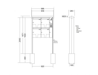 RENZ Briefkastenanlage freistehend, PRISMA, Kastenformat 370x440x145mm, mit Klingel - & Lichttaster und Vorbereitung Gegensprechanlage 4-teilig, zum Einbetonieren, Renz Nummer 10-0-10358